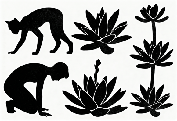 Black Cat and Lotus Flower Silhouette