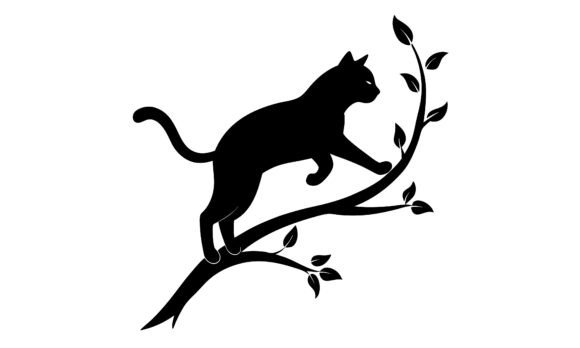 Black Cat Climbing a Tree Branch