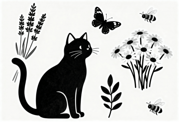 Black Cat Lavender Daisy Bee Butterfly