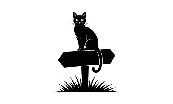 Black Cat Sitting on Signpost Vector