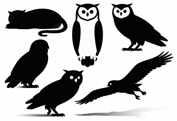 Black Owl and Cat Silhouette Clipart