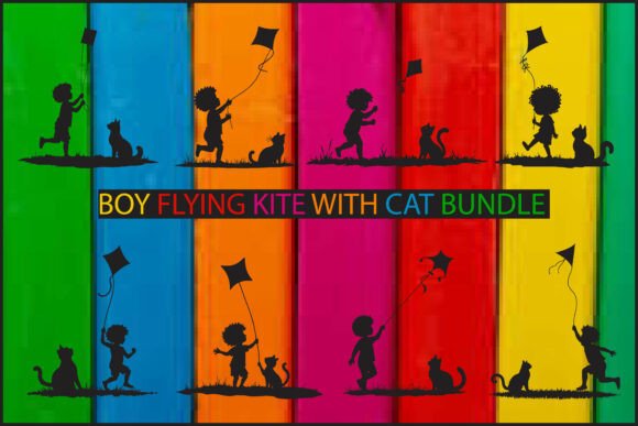 Boy Flying Kite with Cat Bundle