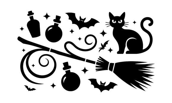 Halloween Black Cat Bats Broom Vector