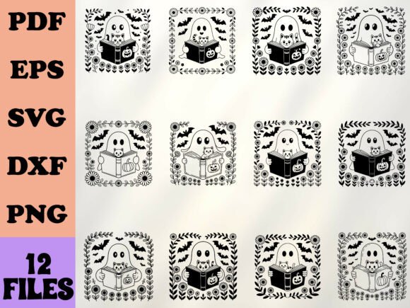Halloween Ghost Reading Book Cat Flowers