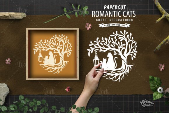 Romantic Cat Trees Silhouette Paper Cut