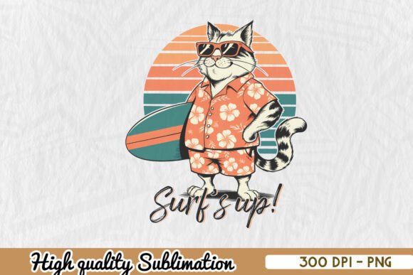 Summer Vibes Surfs Up Funny Cat PNG
