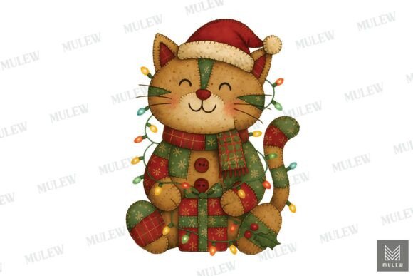 Vintage Patchwork Cat Christmas Clipart