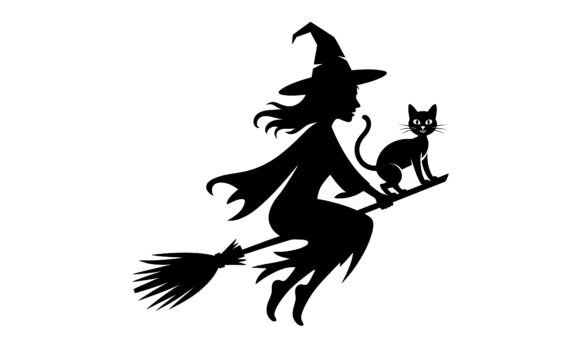 Witch and Cat Flying on Broom